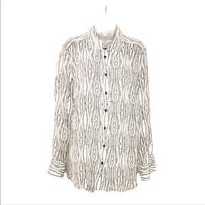 White with black print button up shirt